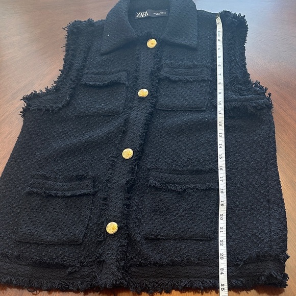 Zara Black Fringed Vest with Gold Buttons, tweed weave, pockets, size S - Picture 7 of 8